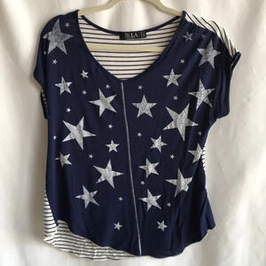 JKLA navy and cream asymmetrical top with stars in front, stripes in back, L